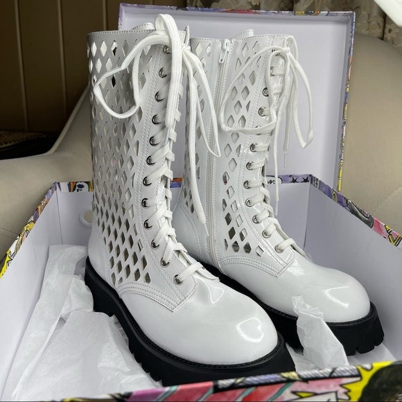 New! Jeffrey Campbell White Leather Lace Up Chunky Moto Combat Boots Boot Sz 9 - Picture 2 of 6